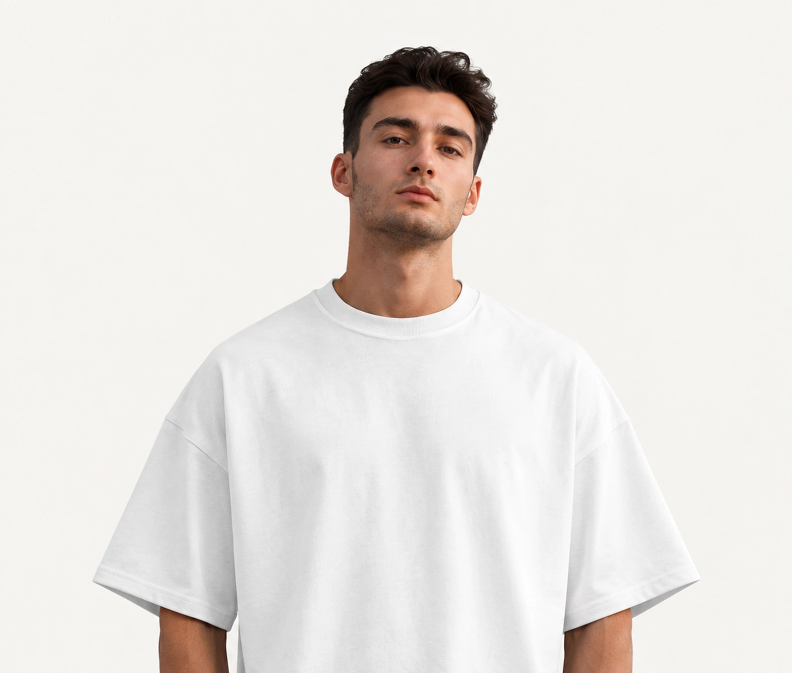 Oversized drop-shoulder tee on model